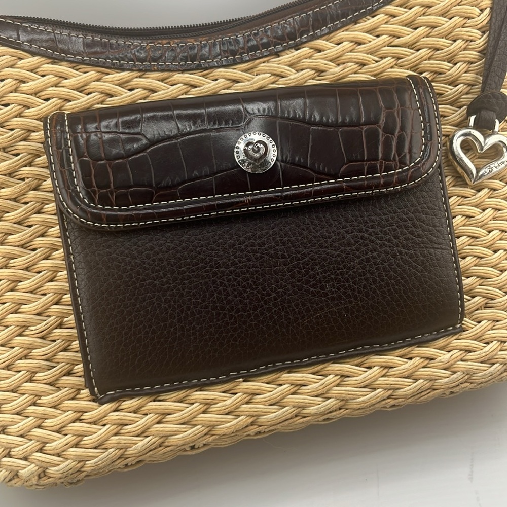 Brighton Leather Woven Exterior Satchel Top Handle Bag with heart charm - Picture 2 of 12